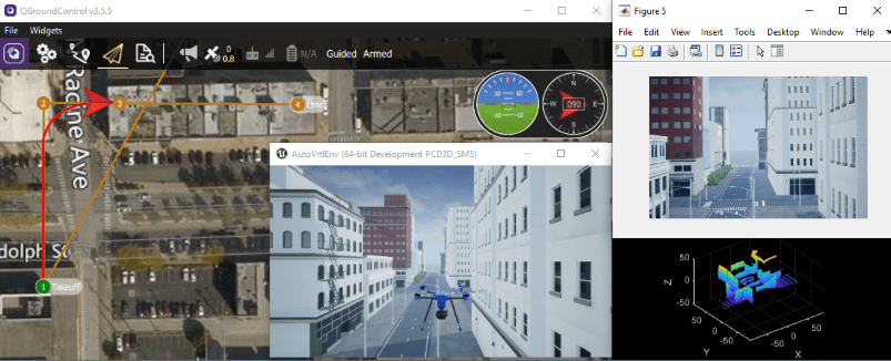 Obr.5 Simulácia v 3D prostredí so snímačmi – kamera, lidar